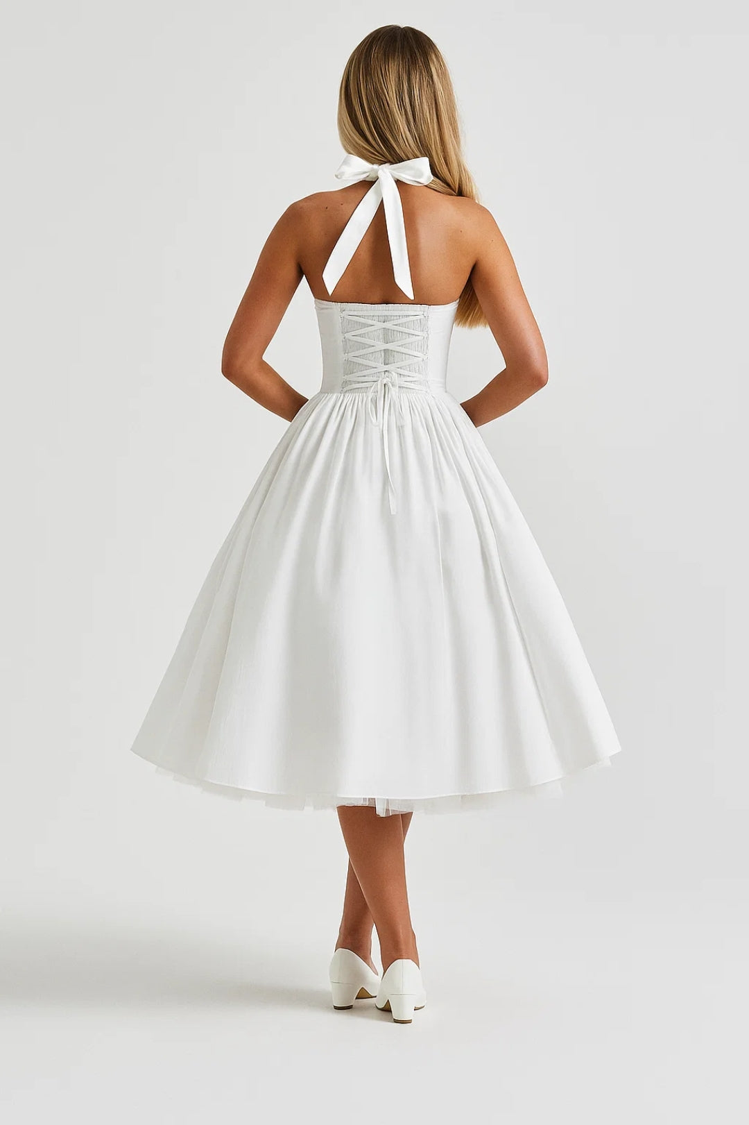 Daphne | Bow Tie Sweetheart Flare Halter Neck Midi Dress