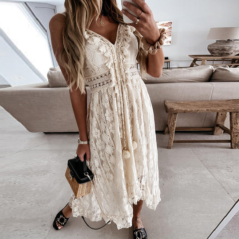 Friederike | Crochet Lace Tassel Tie Spaghetti Boho Dress