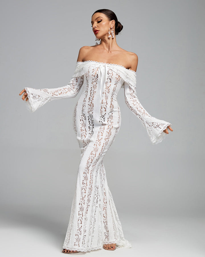 Seraphina | Lace Off The Shoulder Dress Flared Sleeve Maxi