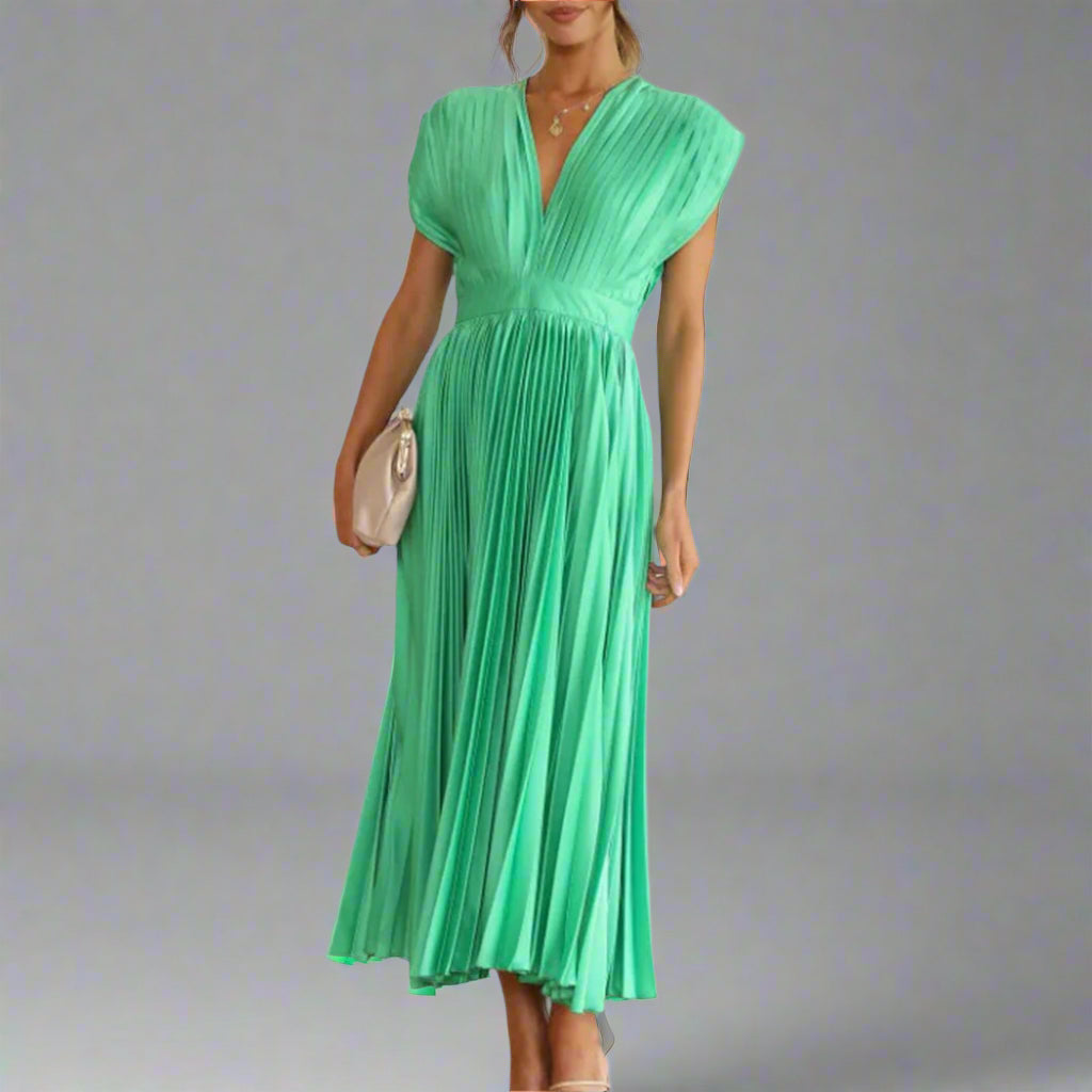 Serafina | Deep V-Neck Womens Pleated Midi Dress with Cap Sleeves