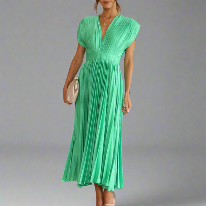 Serafina | Deep V-Neck Womens Pleated Midi Dress with Cap Sleeves