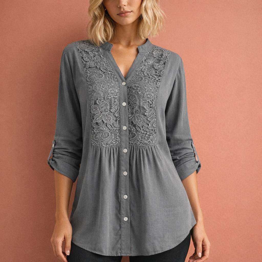 Lacette | Crochet Lace Panel Button-Up Tunic Blouse