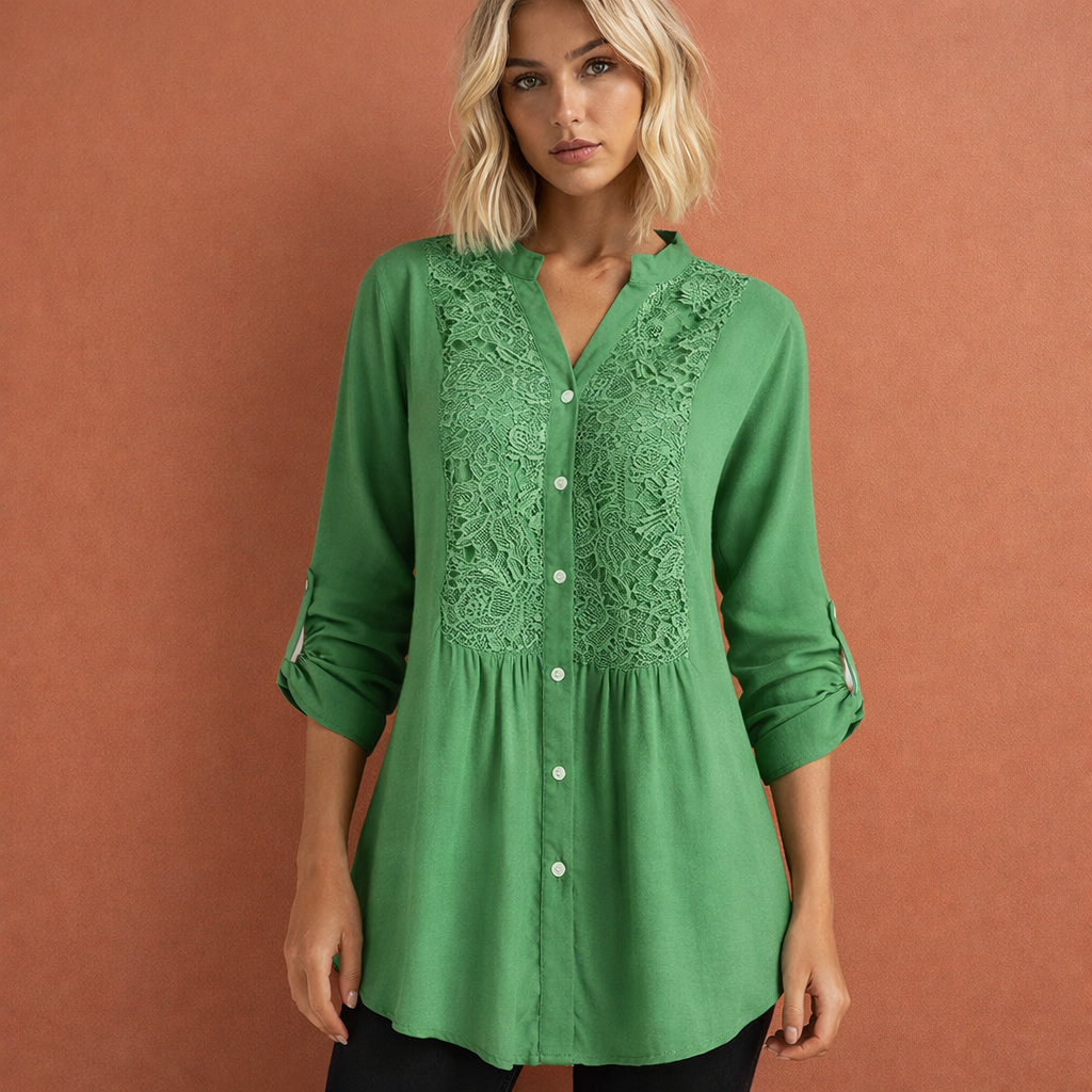 Lacette | Crochet Lace Panel Button-Up Tunic Blouse