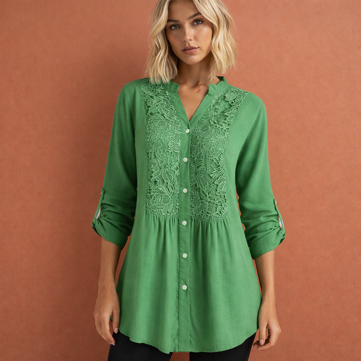 Lacette | Crochet Lace Panel Button-Up Tunic Blouse