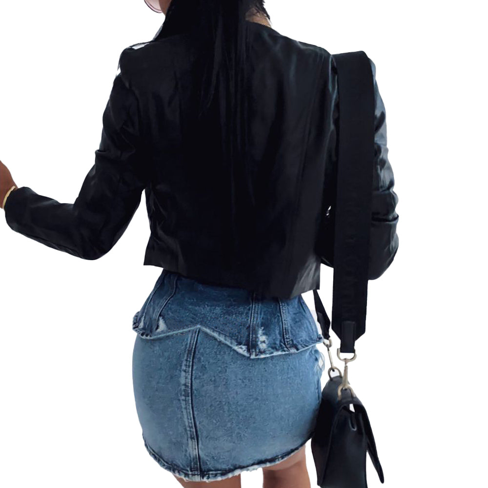 Pixie | Cropped Collarless Leather Jacket with Puff Shoulders