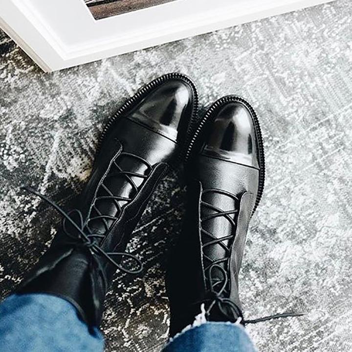 Sapphira | Cap Toe Lace-Up Pebbled Leather Mid Calf Boots