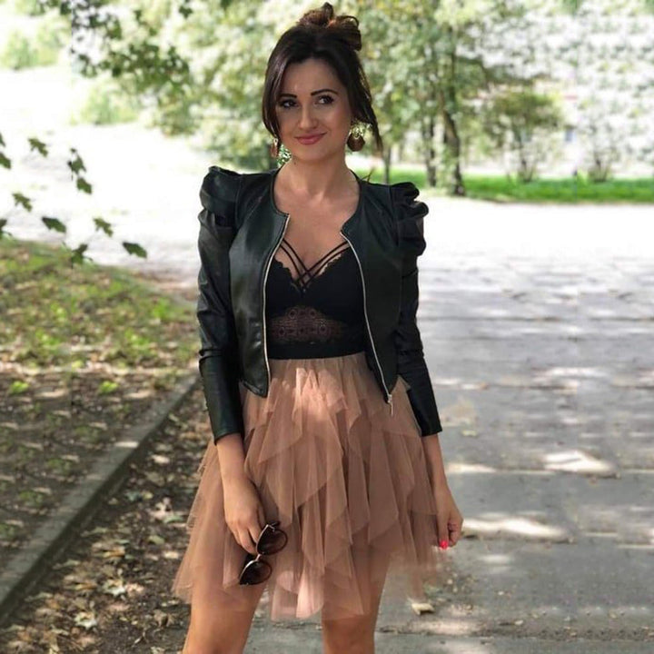 Pixie | Cropped Collarless Leather Jacket with Puff Shoulders
