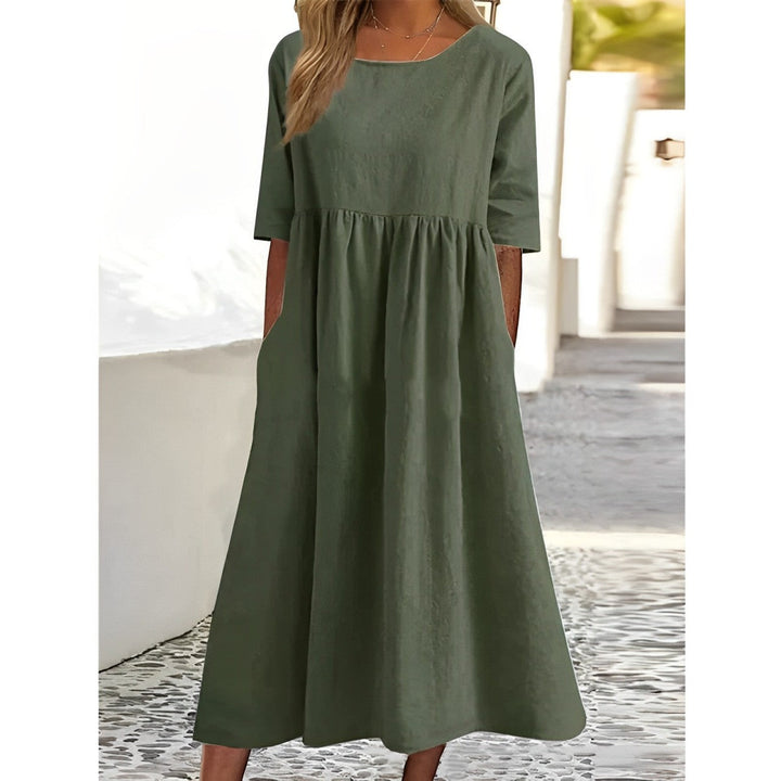 Caldera | Gathered Empire Linen Midi Summer Dress