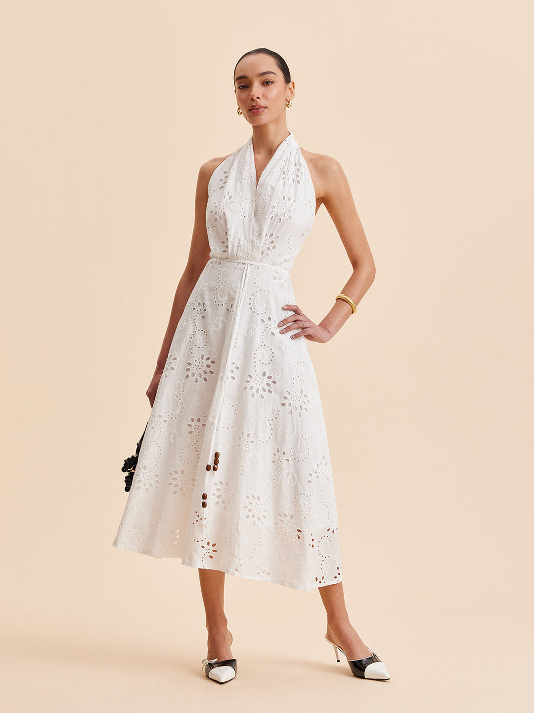 Bianca | Eyelet Broderie Belted Halter Neck Midi Dress