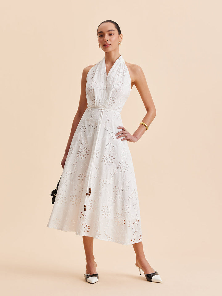 Bianca | Eyelet Broderie Belted Halter Neck Midi Dress