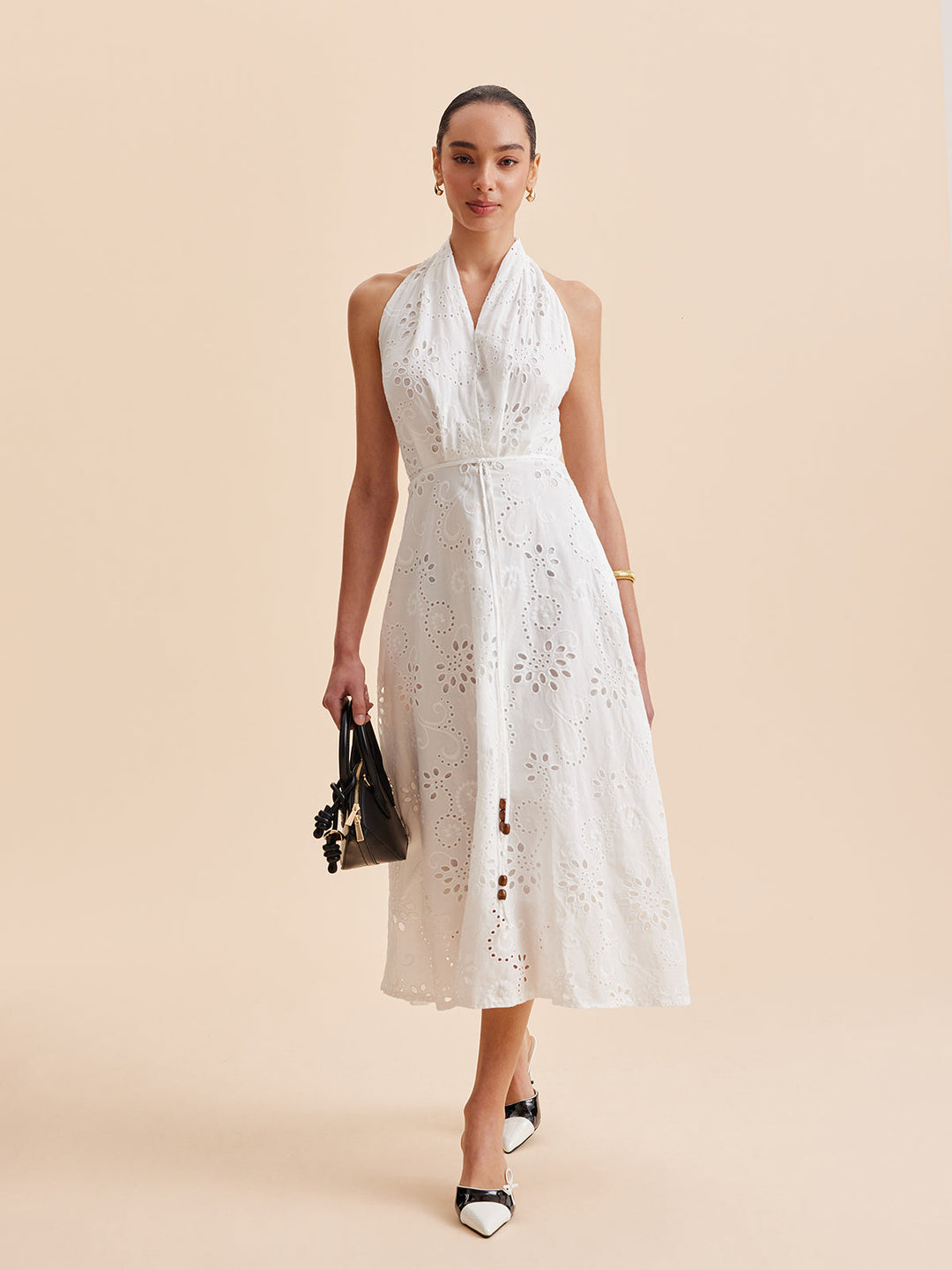 Bianca | Eyelet Broderie Belted Halter Neck Midi Dress