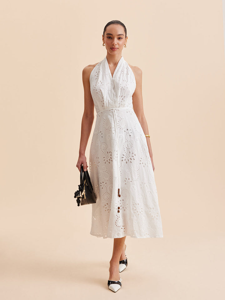 Bianca | Eyelet Broderie Belted Halter Neck Midi Dress