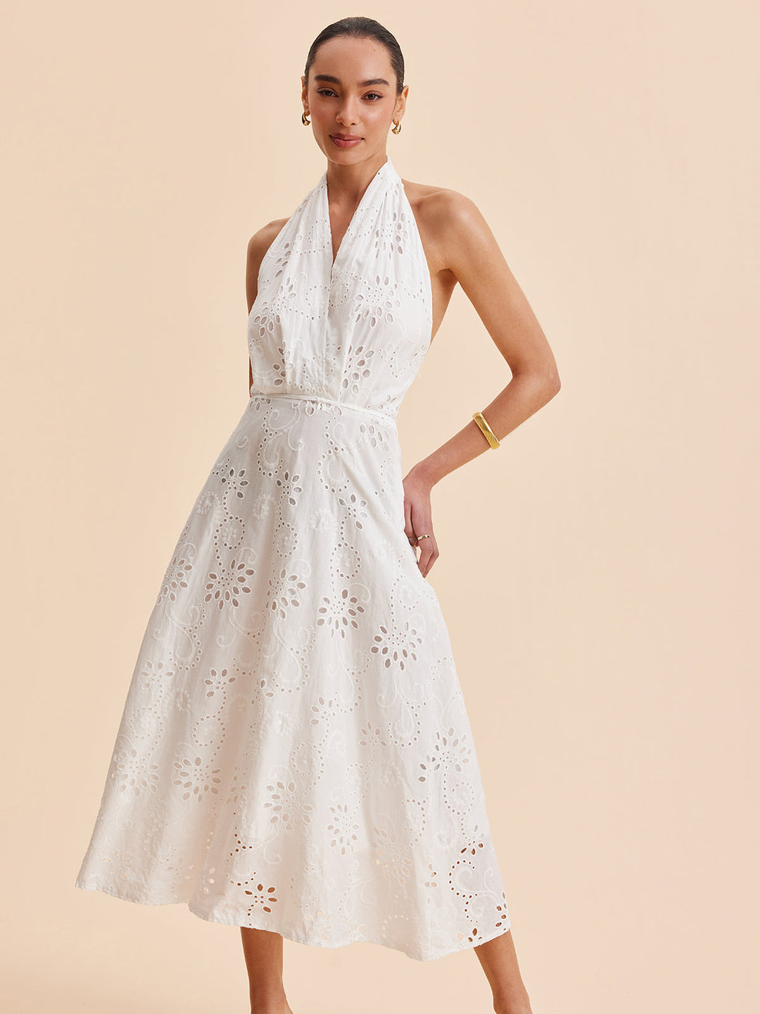 Bianca | Eyelet Broderie Belted Halter Neck Midi Dress