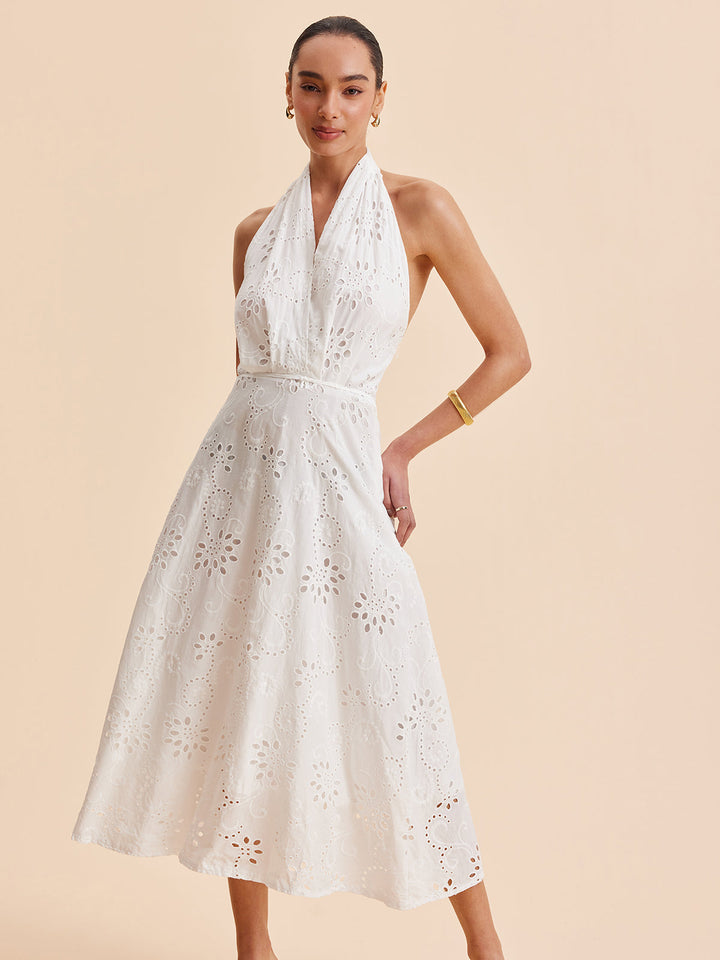Bianca | Eyelet Broderie Belted Halter Neck Midi Dress