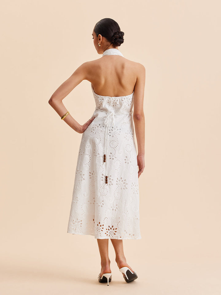Bianca | Eyelet Broderie Belted Halter Neck Midi Dress