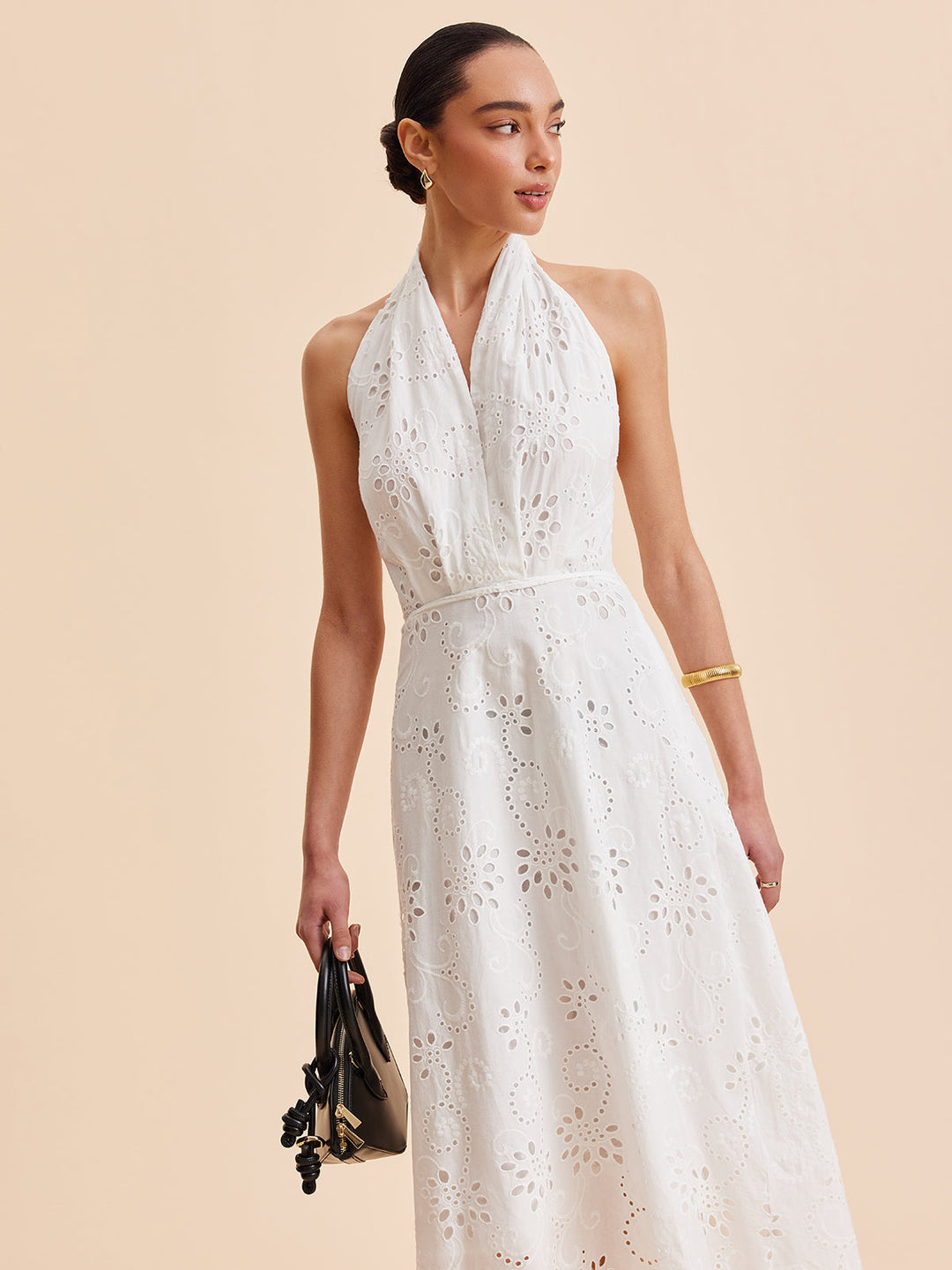Bianca | Eyelet Broderie Belted Halter Neck Midi Dress