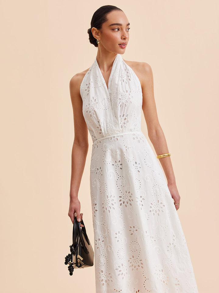 Bianca | Eyelet Broderie Belted Halter Neck Midi Dress