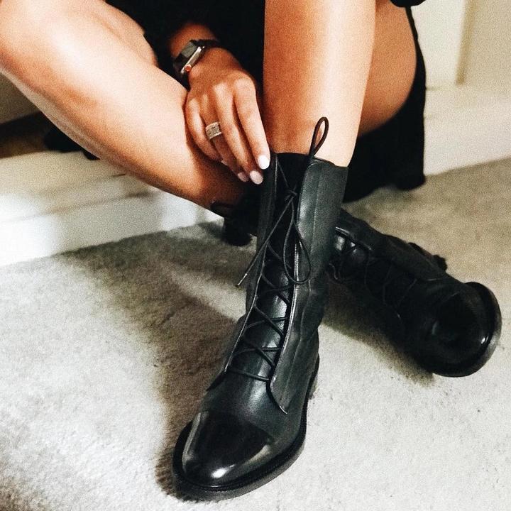 Sapphira | Cap Toe Lace-Up Pebbled Leather Mid Calf Boots