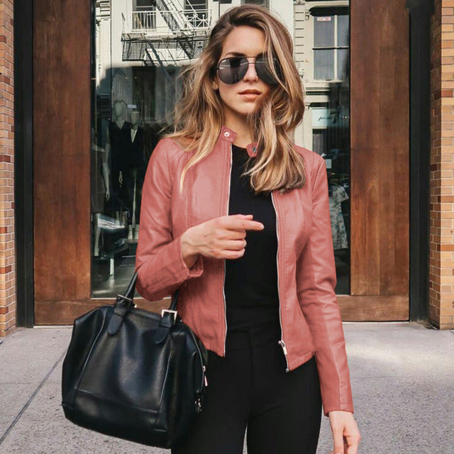 Zenna | Collarless Slim Fit Leather Jacket with Rose Gold Zip Detail