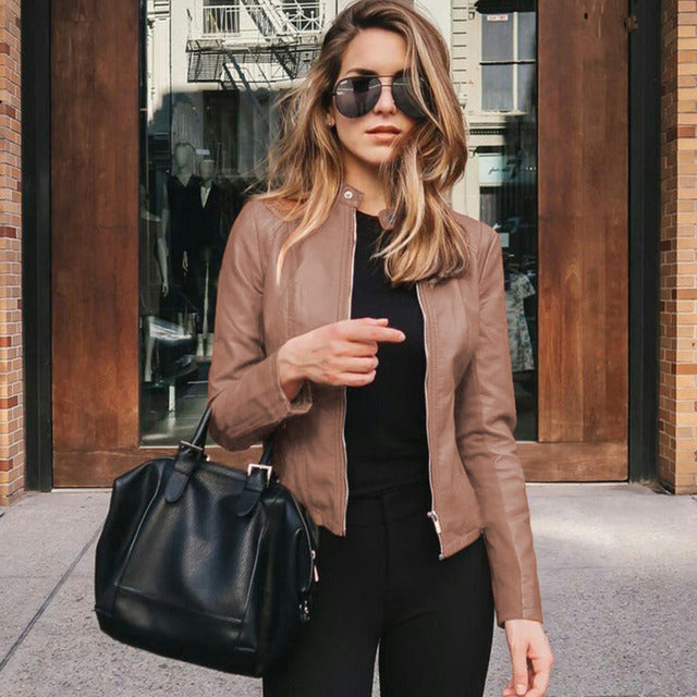 Zenna | Collarless Slim Fit Leather Jacket with Rose Gold Zip Detail