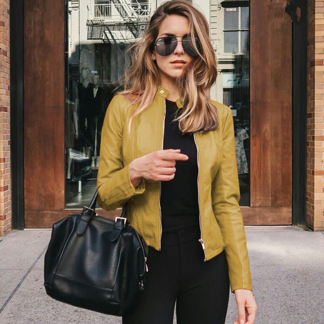Zenna | Collarless Slim Fit Leather Jacket with Rose Gold Zip Detail