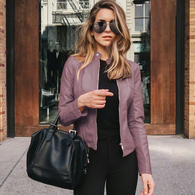 Zenna | Collarless Slim Fit Leather Jacket with Rose Gold Zip Detail
