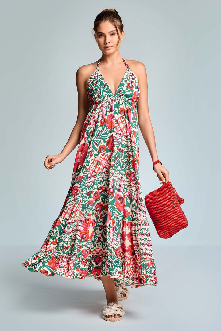Rosalinda | Floral Halter Neck Ruffle Hem Boho Dress
