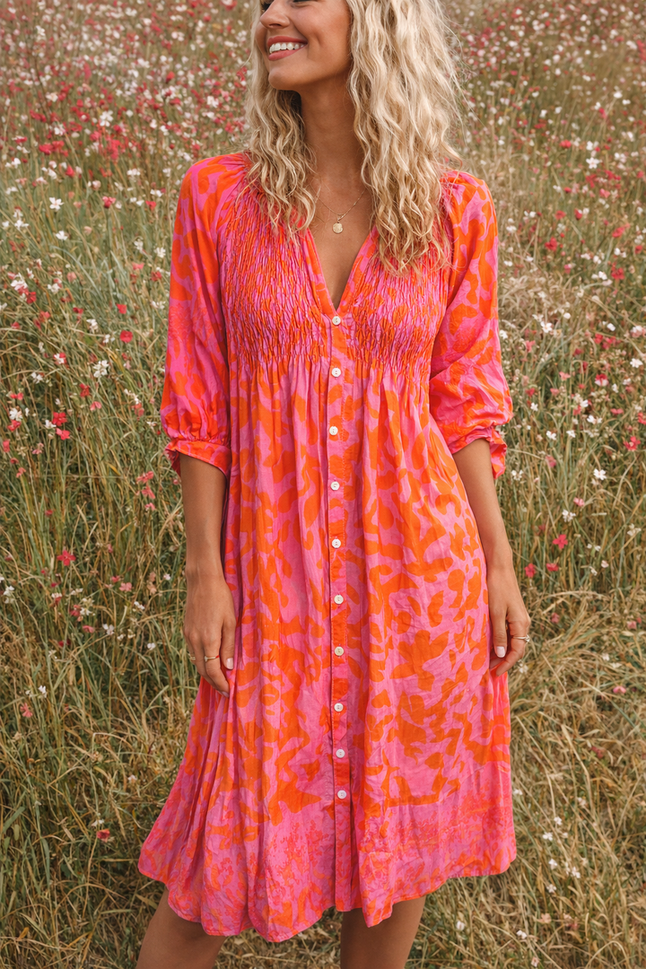 June | Abstract Print Smocked Bodice Button Midi Dress