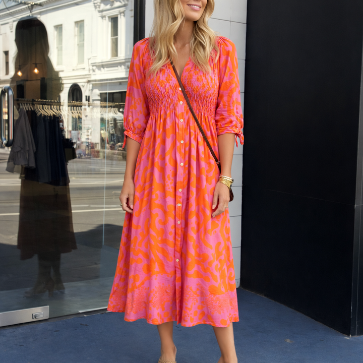 June | Abstract Print Smocked Bodice Button Midi Dress