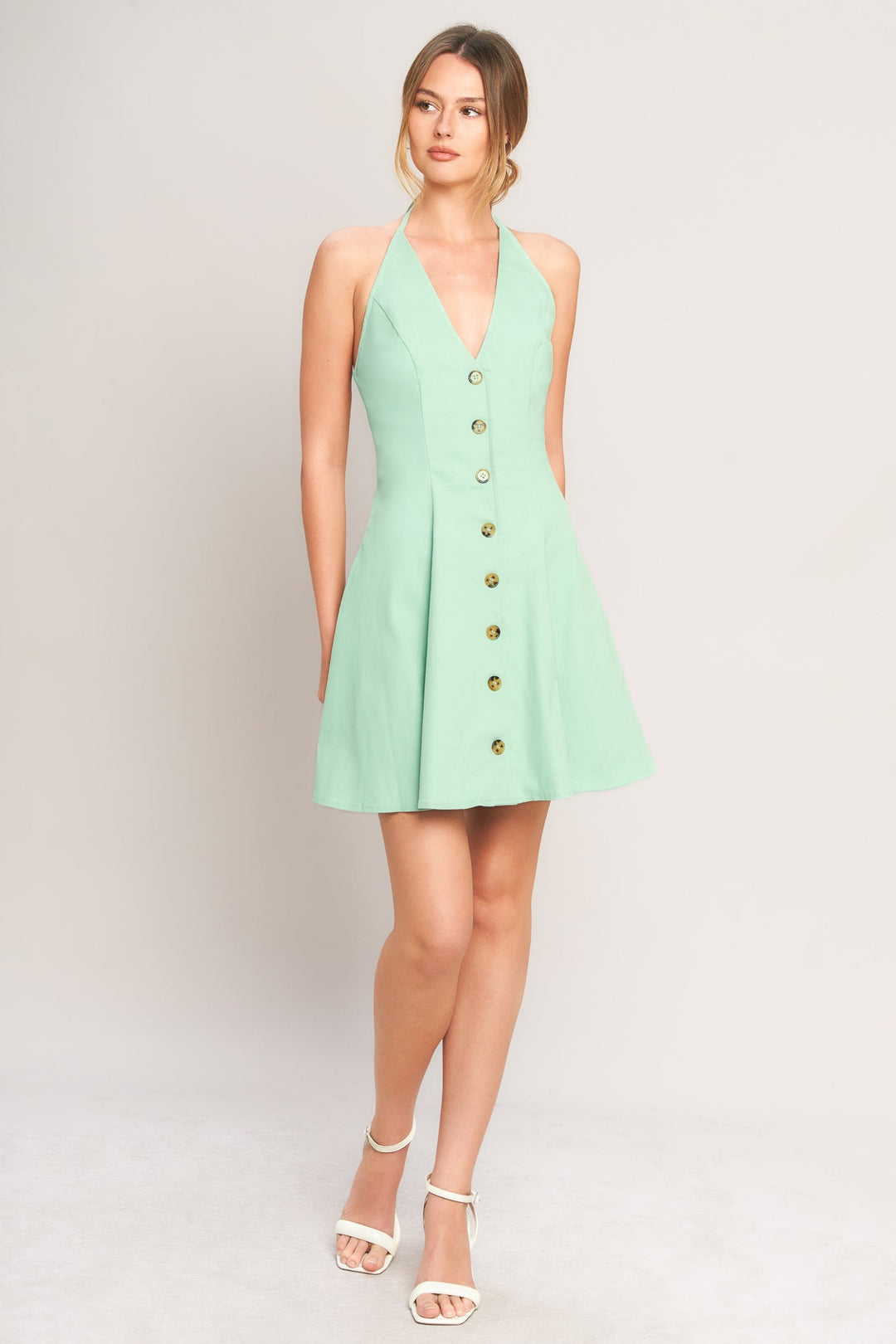 Etta | Button Front Deep V Halter Neck Mini Dress