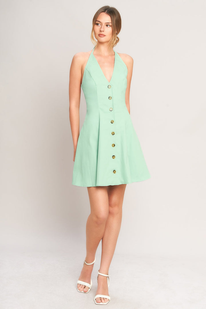 Etta | Button Front Deep V Halter Neck Mini Dress