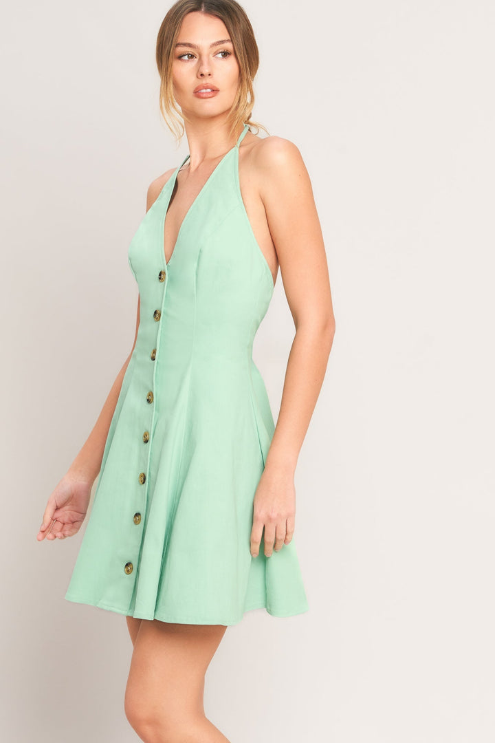 Etta | Button Front Deep V Halter Neck Mini Dress