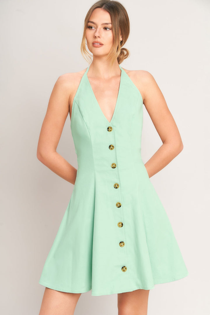 Etta | Button Front Deep V Halter Neck Mini Dress