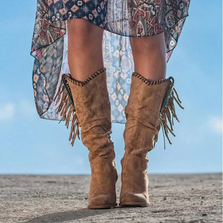 Sedona | Fringe Turquoise Studded Suede Knee High Womens Cowboy Boots
