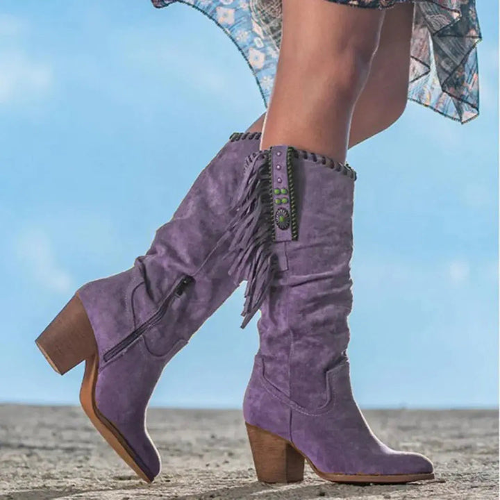 Sedona | Fringe Turquoise Studded Suede Knee High Womens Cowboy Boots
