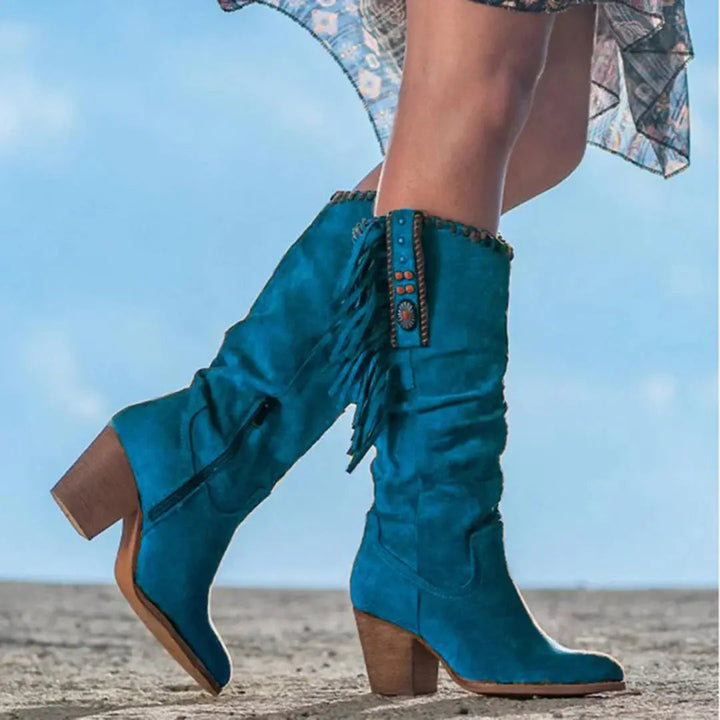 Sedona | Fringe Turquoise Studded Suede Knee High Womens Cowboy Boots