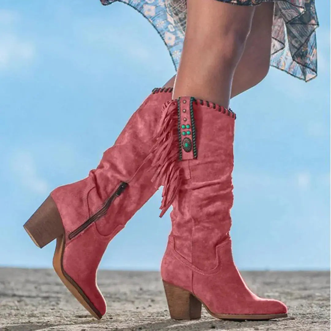 Sedona | Fringe Turquoise Studded Suede Knee High Womens Cowboy Boots