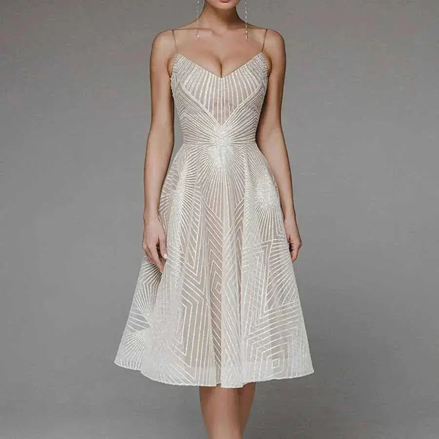 Odessa | Geometric Sequin V-Neck Womens Pleated Midi Dress with Straps