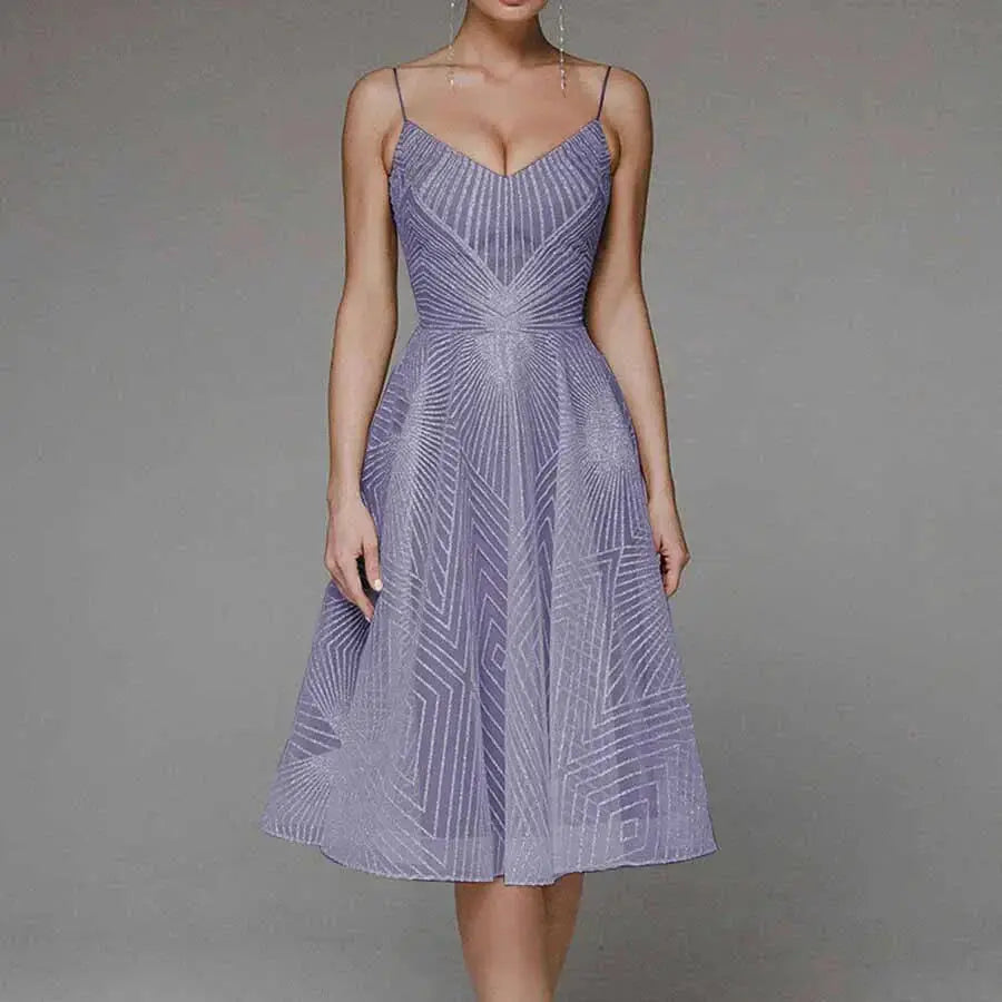 Odessa | Geometric Sequin V-Neck Womens Pleated Midi Dress with Straps