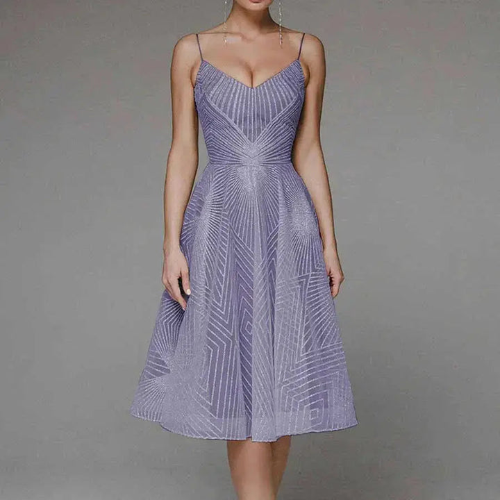 Odessa | Geometric Sequin V-Neck Womens Pleated Midi Dress with Straps