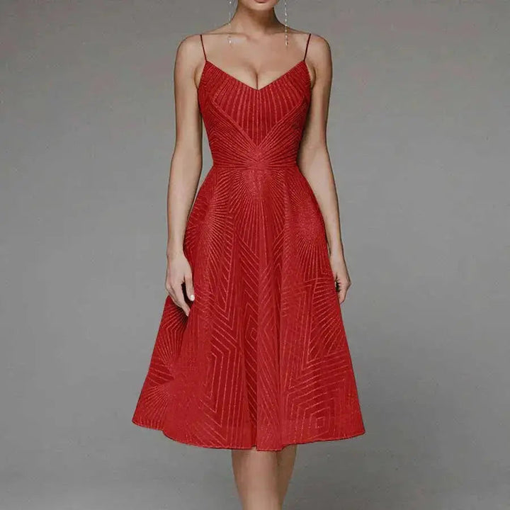 Odessa | Geometric Sequin V-Neck Womens Pleated Midi Dress with Straps