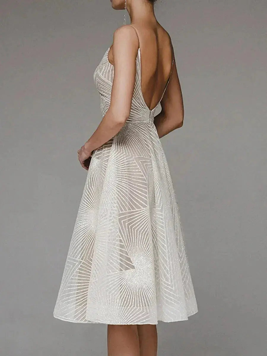 Odessa | Geometric Sequin V-Neck Womens Pleated Midi Dress with Straps