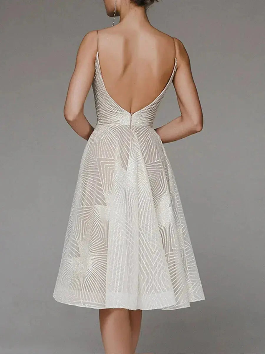 Odessa | Geometric Sequin V-Neck Womens Pleated Midi Dress with Straps