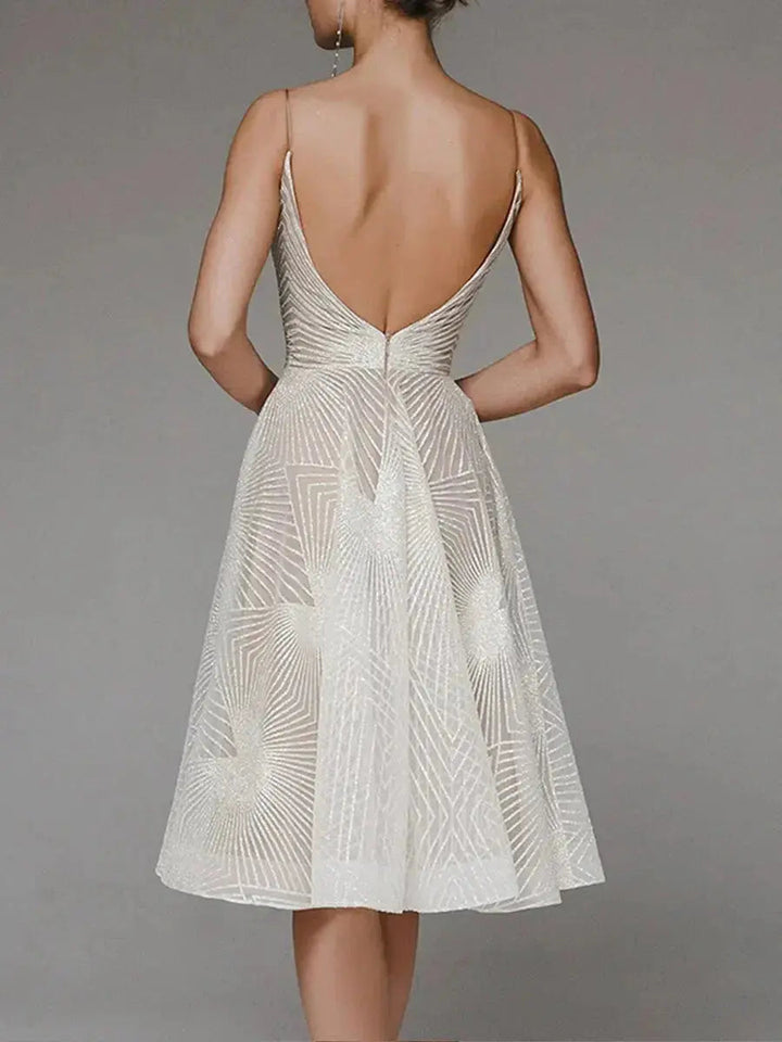 Odessa | Geometric Sequin V-Neck Womens Pleated Midi Dress with Straps