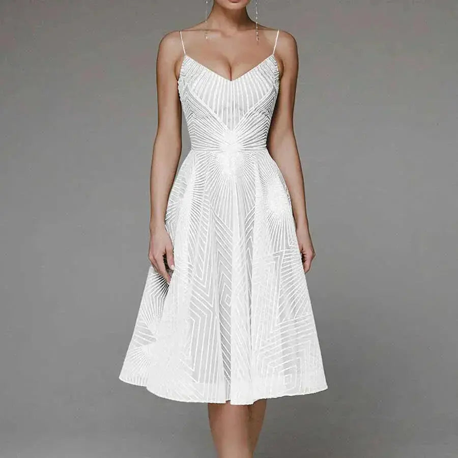 Odessa | Geometric Sequin V-Neck Womens Pleated Midi Dress with Straps