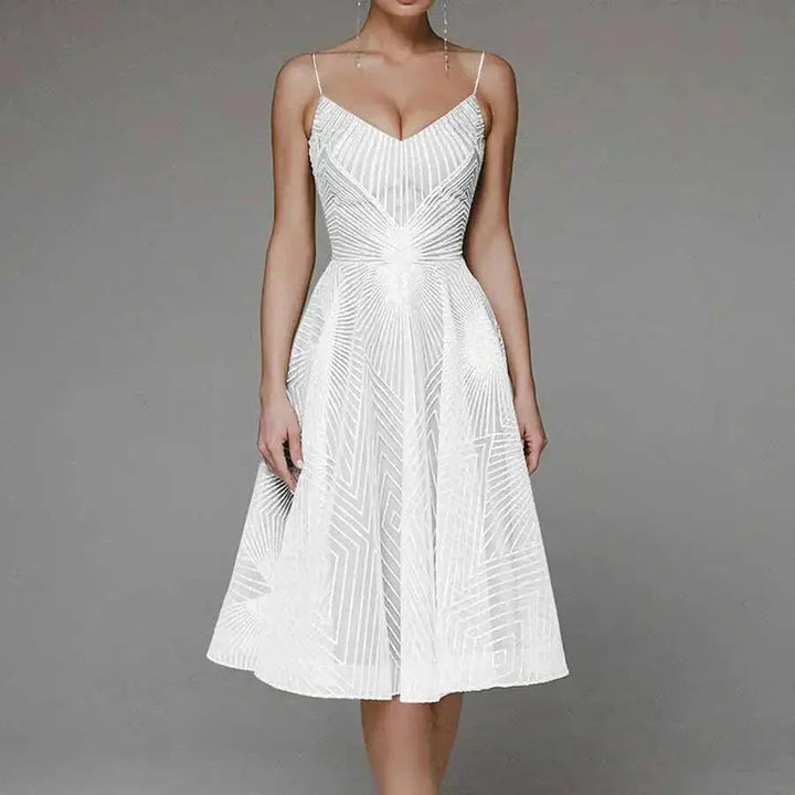 Odessa | Geometric Sequin V-Neck Womens Pleated Midi Dress with Straps