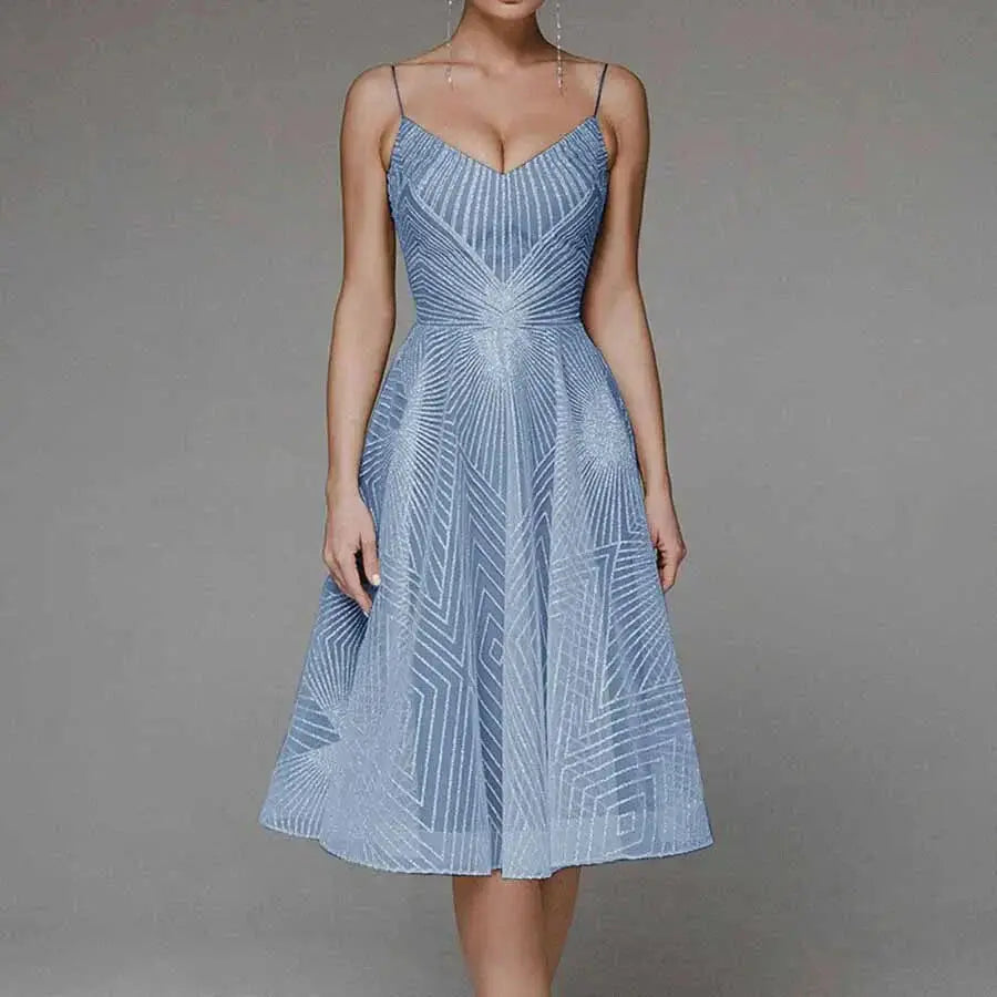 Odessa | Geometric Sequin V-Neck Womens Pleated Midi Dress with Straps