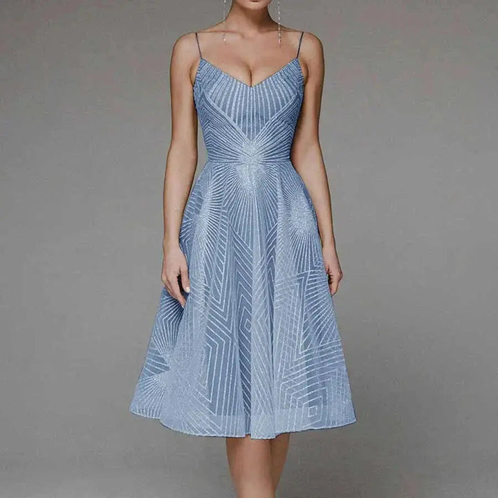 Odessa | Geometric Sequin V-Neck Womens Pleated Midi Dress with Straps