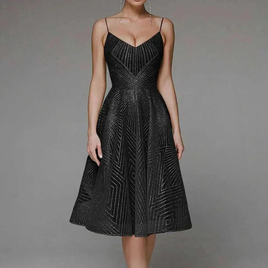 Odessa | Geometric Sequin V-Neck Womens Pleated Midi Dress with Straps