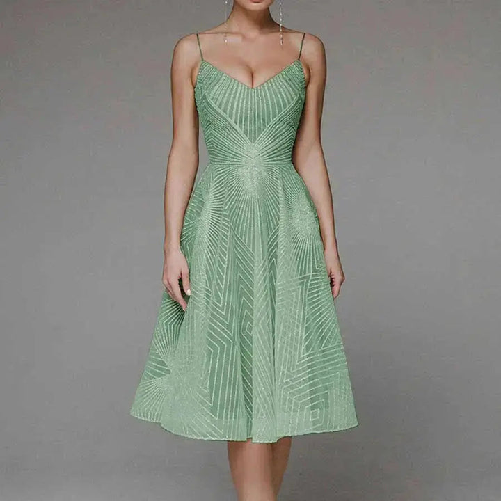 Odessa | Geometric Sequin V-Neck Womens Pleated Midi Dress with Straps